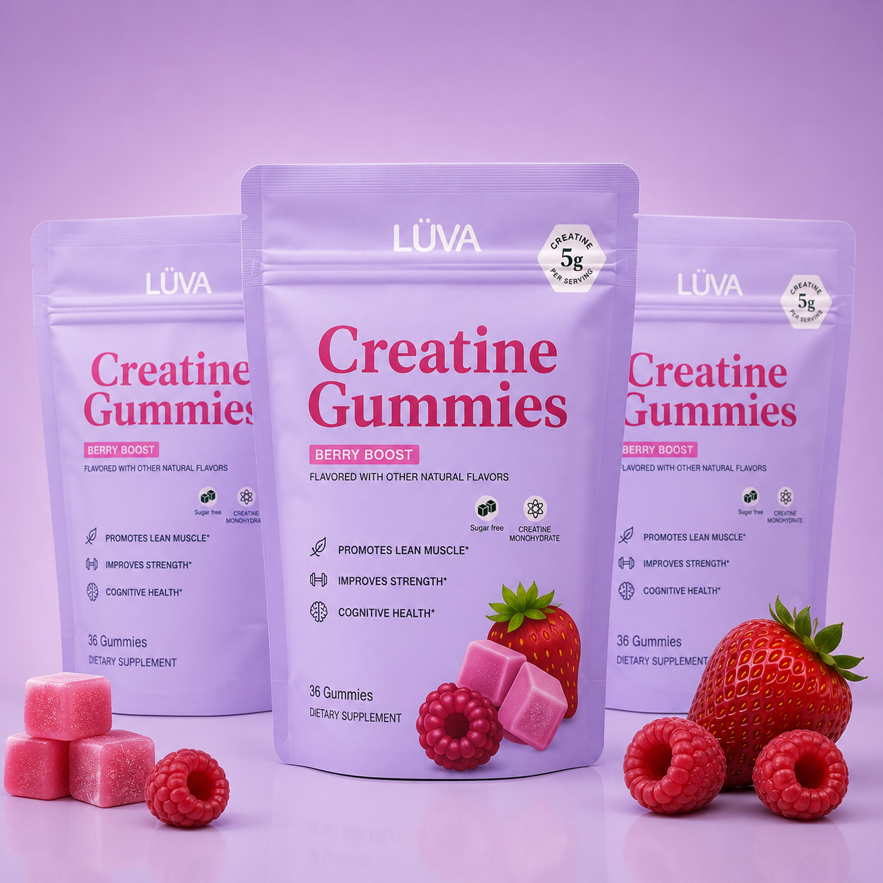 Pack de LÜVA Creatine Gummies con sabor a frutos rojos