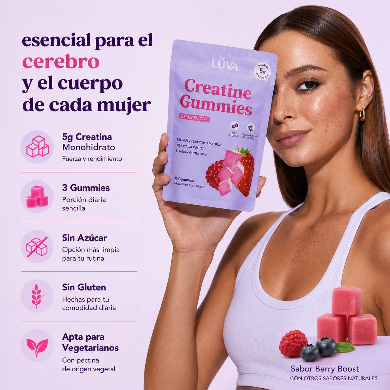 Envase resellable de LÜVA Creatine Gummies sobre fondo lila