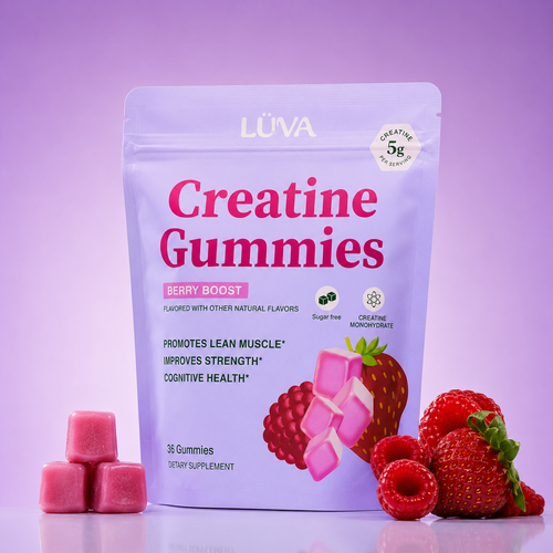Bolsa de LÜVA Creatine Gummies sabor frutos rojos con 36 gummies y 5 g de creatina por porción