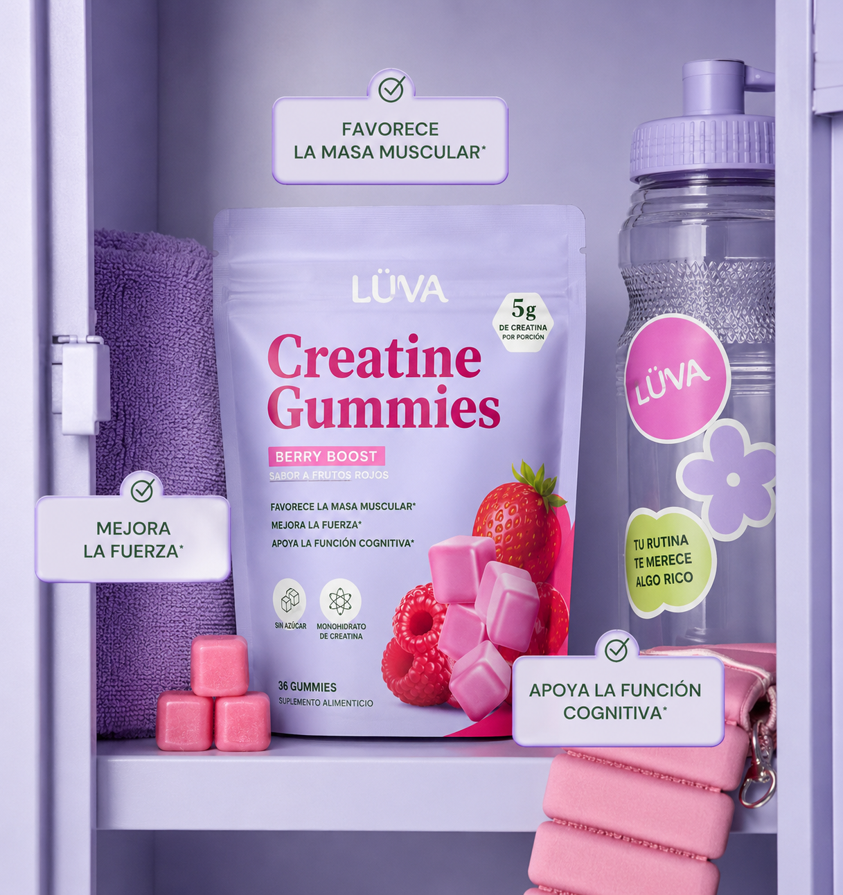 LÜVA Creatine Gummies: detalle de las gominolas de creatina con frutos rojos